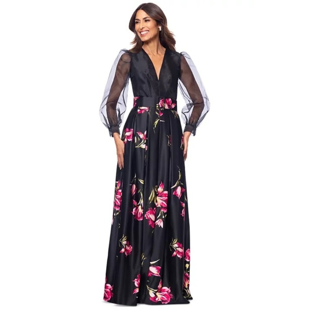 Betsy & Adam 6 Organza-Sleeve Floral on Black Belted Satin Gown Plunging V-Neck - Picture 2 of 11